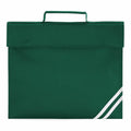 Quadra's QD456 is a bottle green fabric bag featuring a handle and two diagonal white stripes in the bottom corner.