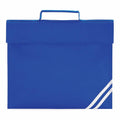 A blue fabric book bag by Quadra, model QD456, features a handle on top and two white diagonal stripes at the bottom right corner.