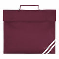 The QD456 by Quadra is a maroon fabric briefcase featuring a single top handle and three white diagonal stripes in the bottom right corner.