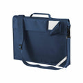Introducing the Quadra QD457: a blue fabric briefcase equipped with a handle, adjustable strap, label holder, and featuring a small reflective corner accent.
