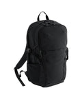 The Bags rucksack features two main zippered compartments, a front vertical zip pocket, two side pockets, and adjustable shoulder straps, all in black and displayed against a plain white background.