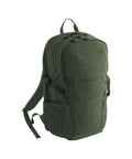 A dark green Bags rucksack with two main zipped compartments, adjustable shoulder straps, a top handle, and side pockets, shown against a plain white background.