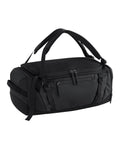 Bags: A black duffle with two handles, shoulder straps, multiple zippered compartments, and buckles, shown on a white background.