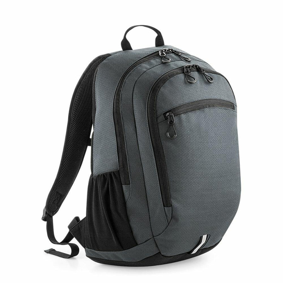 The Quadra QD550 backpack in gray features multiple zippered compartments, black accents, and adjustable shoulder straps.