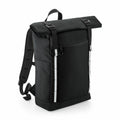 The Quadra QD552 is a roll-top backpack featuring a black design with white reflective stripes and adjustable shoulder straps.