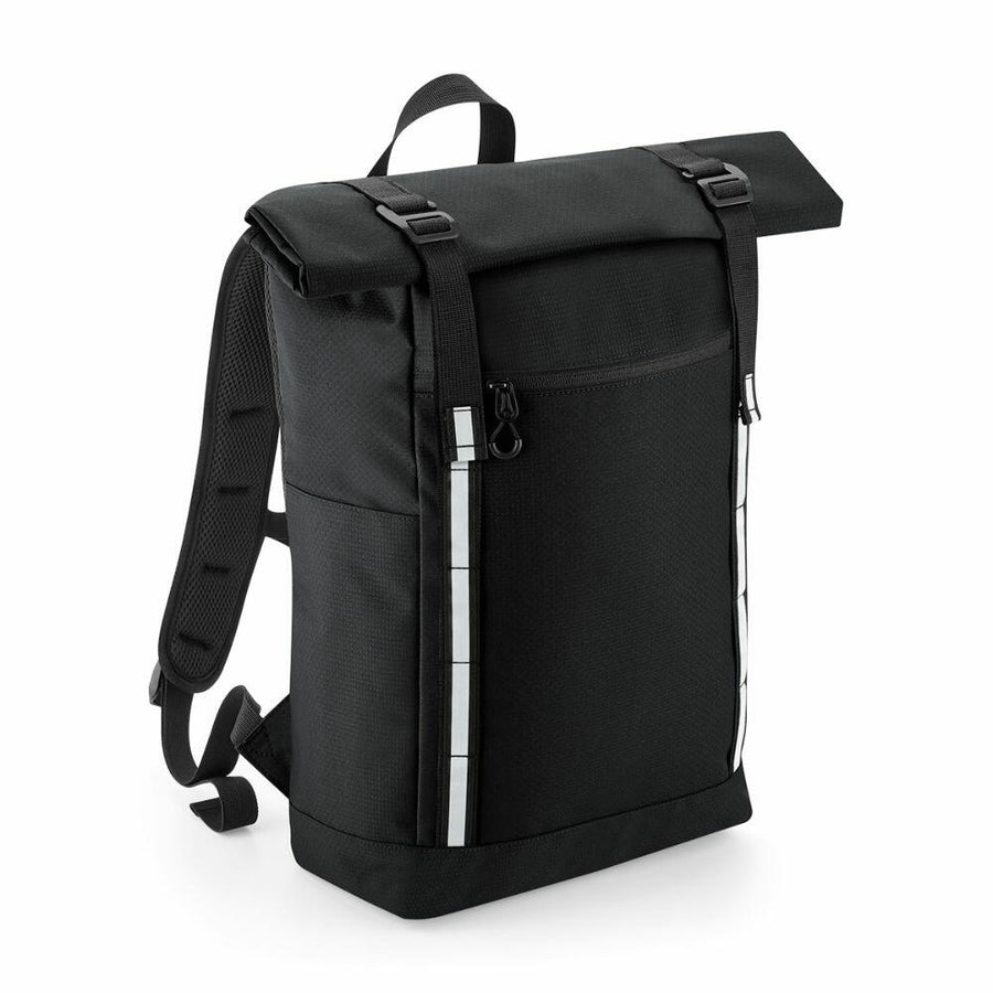 The Quadra QD552 is a roll-top backpack featuring a black design with white reflective stripes and adjustable shoulder straps.