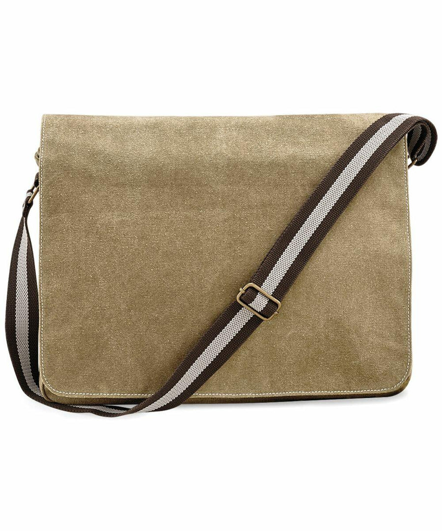 A tan canvas messenger bag by Quadra, featuring a brown and white adjustable strap, model QD610.