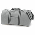 Introducing the Quadra QD613, a versatile gray canvas duffel bag. It comes with black and gray striped handles, a detachable shoulder strap, a zippered front pocket, and a main compartment with secure zipper closure.