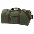 The Quadra QD613 is a spacious green duffel bag with brown handles and an adjustable shoulder strap. It includes a zippered front pocket, metal zipper pulls, making it perfect for travel or sports activities.