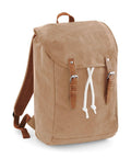 A tan canvas backpack from Quadra, known as the QD615 model, featuring a flap closure, brown leather straps, and a white drawstring.