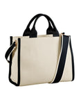 A beige Bags tote with black handles and trim, plus a wide black-and-white shoulder strap, shown on a white background.