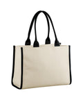 A beige canvas bag tote with black handles and black-trimmed edges, displayed against a plain white background.