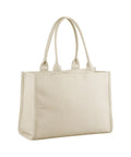The "Bags" product is a plain beige canvas tote with two handles, featuring a structured rectangular shape and visible stitching, shown upright against a white background.