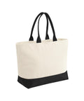 A "Bags" canvas tote bag with black handles, a black base, and a plain off-white body is shown photographed on a white background.