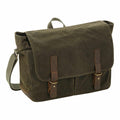 Quadra's QD653 is an olive green canvas messenger bag featuring a shoulder strap and brown leather buckle closures.