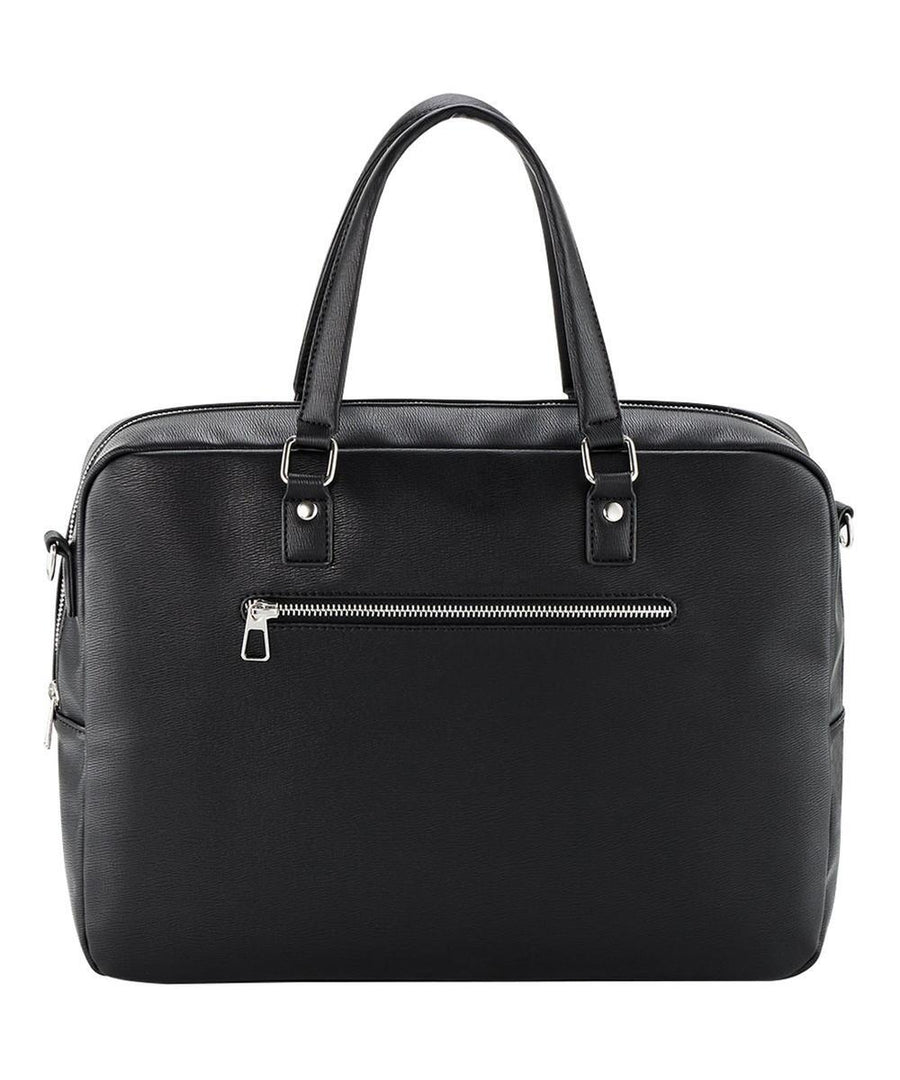 The "Bags" product is a black leather handbag with two handles, a front zipped pocket, silver fittings, and a simple rectangular design. It is displayed against a white background.