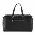 Quadra QD778 black leather duffel bag featuring dual handles, a front zipper pocket, and a top zipper closure.