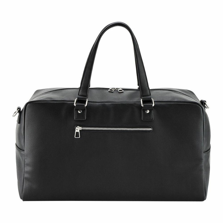 Quadra QD778 black leather duffel bag featuring dual handles, a front zipper pocket, and a top zipper closure.