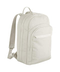 The Bags rucksack in light beige features two large zipped compartments, a small front zipped pocket, adjustable shoulder straps, and a top handle, shown against a plain white background.
