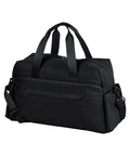 The "Bags" duffel is plain black with two short handles, a detachable shoulder strap, and a zipped front pocket. The product is shown against a white background.