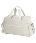 The Bags duffel features a plain off-white design with two carry handles, a detachable shoulder strap, front zip pocket, and main zip compartment. Shown on a white background.