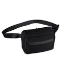 A black Bags waist bag featuring multiple zipped compartments and an adjustable strap, shown on a white background.