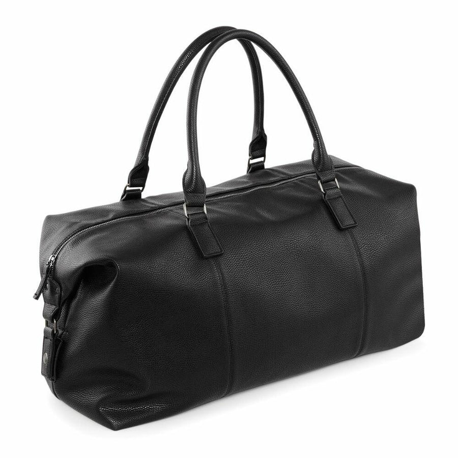 A Quadra QD878 black leather duffel bag featuring two handles and a side zipper pocket.