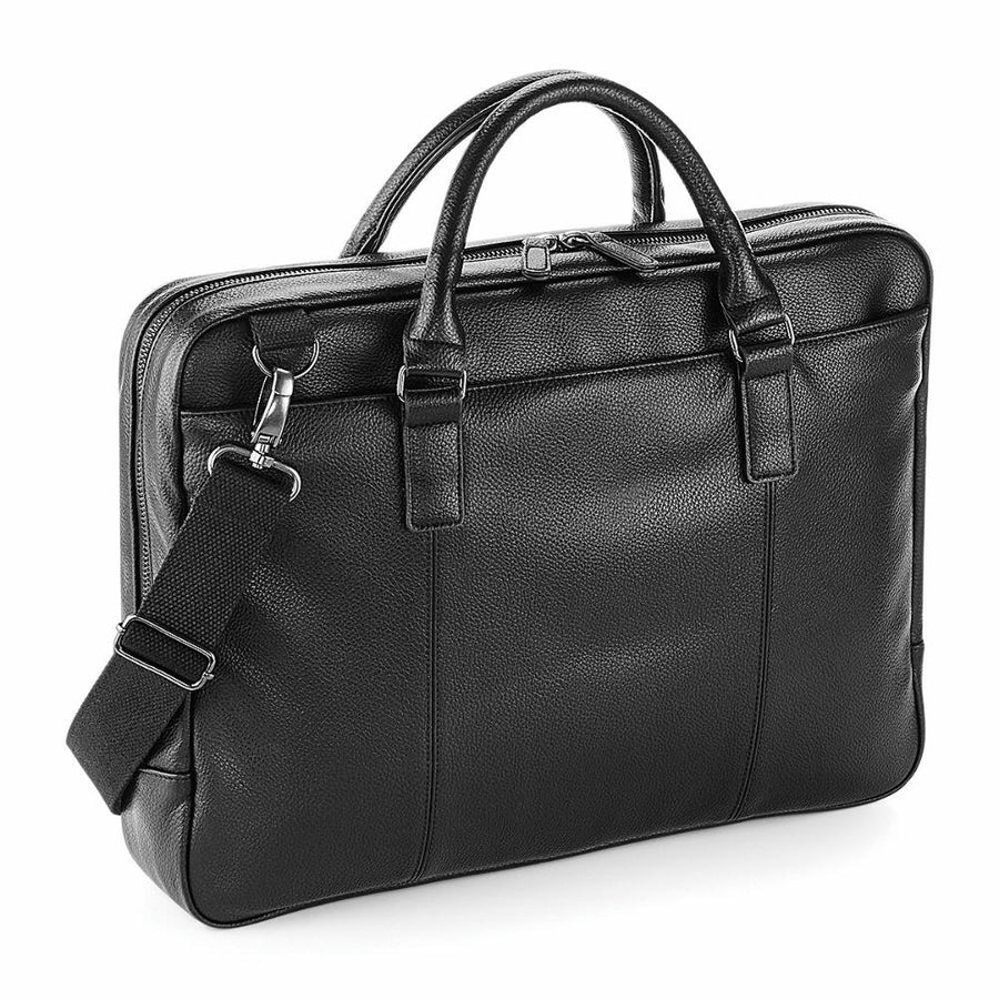 Quadra's QD892 black leather briefcase features dual handles and a detachable shoulder strap.
