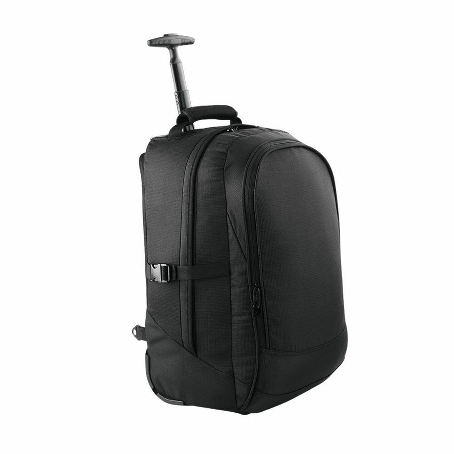 The Quadra QD902 is a black rolling backpack featuring a telescopic handle and multiple zippered compartments.