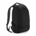 The Quadra QD906 is a black backpack featuring two zippered compartments and adjustable straps, showcased standing upright against a plain white background.