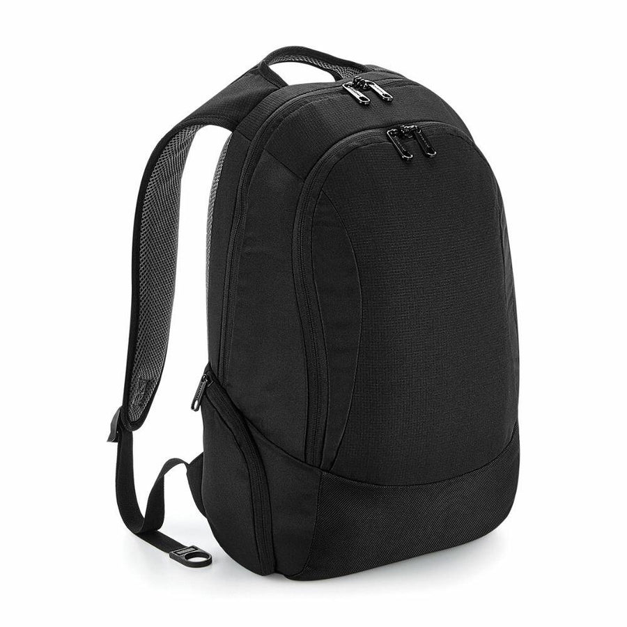The Quadra QD906 is a black backpack featuring two zippered compartments and adjustable straps, showcased standing upright against a plain white background.