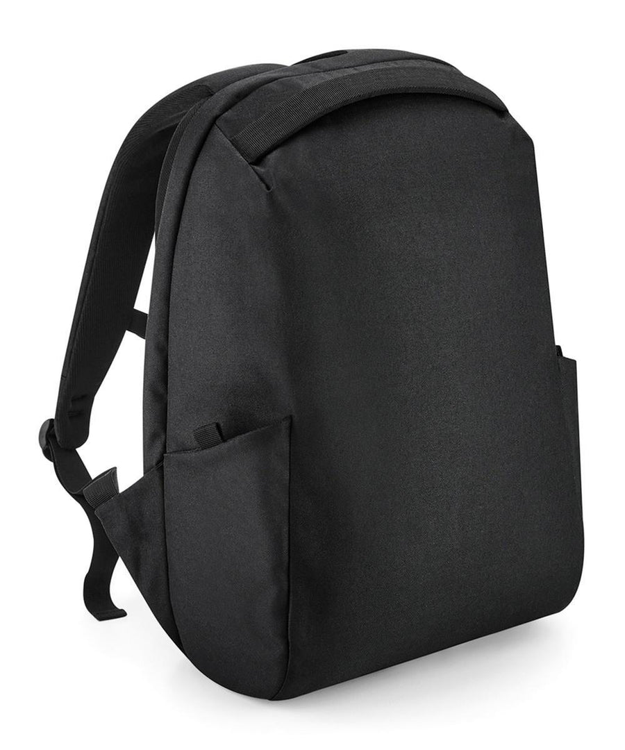 A plain black Bags rucksack with a simple design, two side pockets, adjustable shoulder straps, and no visible logos or decorations. The rucksack is upright and angled slightly to the left.