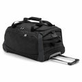 The QD970 by Quadra is a black wheeled duffle bag featuring a retractable handle, side pockets, and a zippered main compartment.