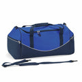 The QS070 duffel bag by Quadra, featuring a blue and black design, comes with multiple zippers and a detachable shoulder strap.