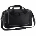 The QS077 by Quadra is a black duffel bag featuring a shoulder strap and multiple zippered compartments.