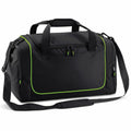 Quadra's QS077 is a black duffle bag featuring green accents, a zippered main compartment, two handles, and an adjustable shoulder strap.
