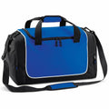 Introducing the Quadra QS077: a stylish duffle bag featuring a large zippered compartment, black handles, a black shoulder strap, and two smaller side pockets. The bag is designed in a striking blue and black color scheme with elegant white trim accents along the edges.