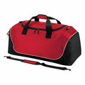 Introducing the Quadra QS088: a red and black duffel bag featuring multiple zippers, handles, and a detachable shoulder strap.