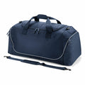 A Quadra QS088 dark blue duffel bag featuring multiple zippered compartments and a detachable shoulder strap against a white background.