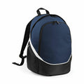 The QS255 by Quadra is a backpack featuring a blue upper section, white accents, and a black bottom. It comes with a top handle, padded shoulder straps, and multiple compartments with zippers.