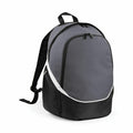 Introducing the QS255 from Quadra, a stylish gray and black backpack featuring a spacious front pocket and a dynamic curved white stripe design. It is equipped with adjustable shoulder straps and a convenient top handle for easy carrying.