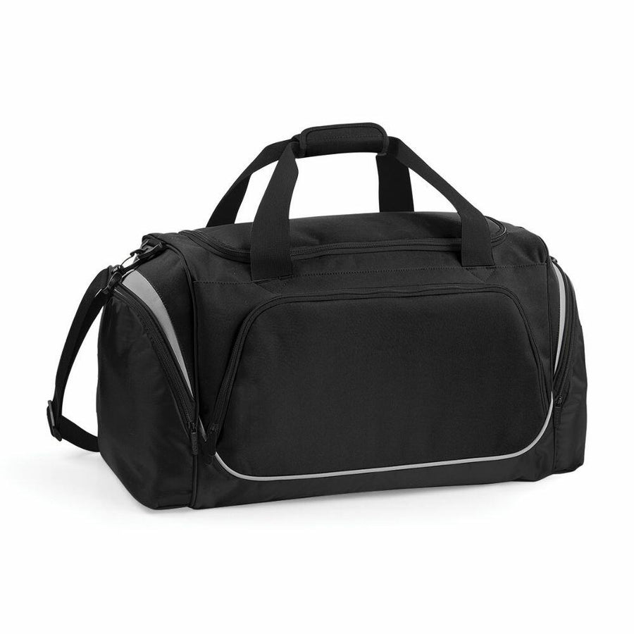 Introducing the Quadra QS270: a stylish black duffel bag featuring two handles, a shoulder strap, a spacious zippered main compartment, and convenient side pockets.