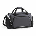 Introducing the Quadra QS270: a sporty gray and black duffel bag featuring convenient handles, a detachable shoulder strap, and a practical front zipper pocket.