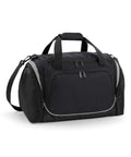 The Quadra QS277 is a black duffel bag featuring dual handles, a shoulder strap, and zippered compartments on the front and sides.