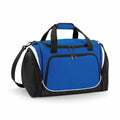 A blue and black duffel bag from Quadra, model QS277, featuring a front zipper pocket and an adjustable shoulder strap.
