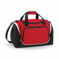 The Quadra QS277 is a red and black duffel bag with a front zippered pocket and two handles, featuring a detachable shoulder strap and white accents.