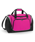 Introducing the Quadra QS277: a stylish pink and black duffel bag featuring a spacious zipped main compartment, convenient side pockets, and an adjustable shoulder strap. This versatile bag also includes a small handle on top, complemented by contrasting black bottom and side trim for added flair.