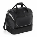 A Quadra QS285 duffel bag in black and light blue, featuring multiple zippered compartments and a shoulder strap.