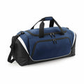 The QS288 by Quadra is a blue and black duffel bag featuring multiple zippered compartments, black straps, and a detachable shoulder strap.