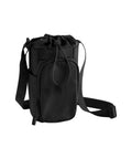 A compact black Bags crossbody with a drawstring top fastening, front zip pocket, and adjustable shoulder strap, shown on a white background.